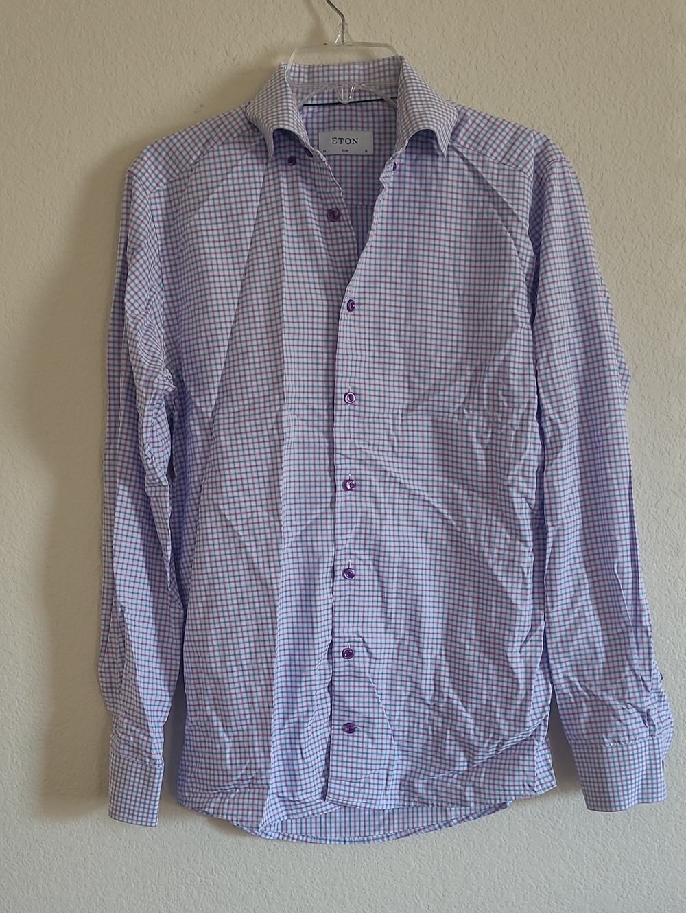 Eton Blue/Purple Gingham Checked Longsleeve Slim Fit Dress Shirt Size 38/15